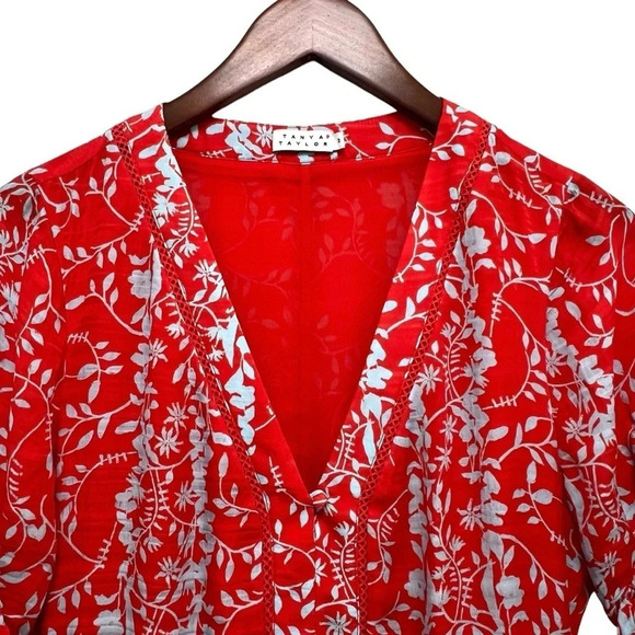 TANYA TAYLOR Red Printed Silk Mini Ruffle Dress Short Sleeve Coastal Chic Size 2 - Picture 1 of 7